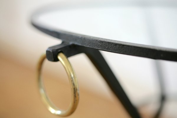 French Black Lacquered Metal, Glass, and Brass Coffee Table by Jacques Adnet, 1950s-MAO-707103