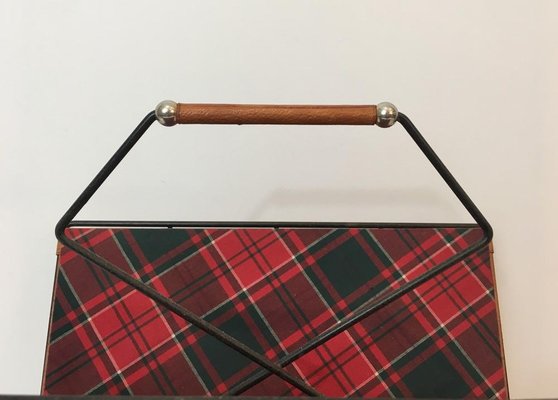 French Black Lacquered Metal, Leather & Square Fabric Magazine Rack, 1950s-BA-766245