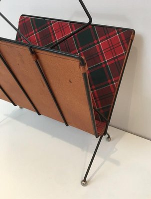 French Black Lacquered Metal, Leather & Square Fabric Magazine Rack, 1950s-BA-766245