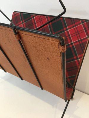 French Black Lacquered Metal, Leather & Square Fabric Magazine Rack, 1950s-BA-766245