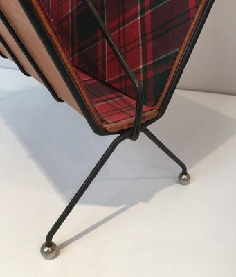 French Black Lacquered Metal, Leather & Square Fabric Magazine Rack, 1950s-BA-766245