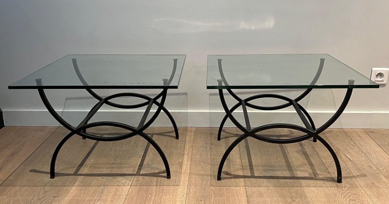 French Black Lacquered Metal Side Tables, 1950s, Set of 2-BA-1705385