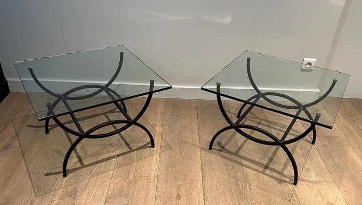 French Black Lacquered Metal Side Tables, 1950s, Set of 2-BA-1705385