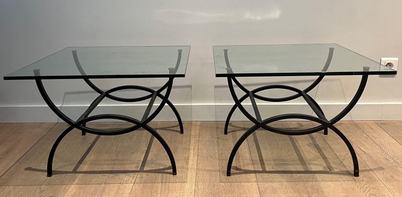 French Black Lacquered Metal Side Tables, 1950s, Set of 2-BA-1705385