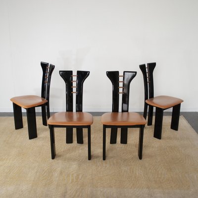 French Black Lacquered Wood Chairs with Cognac Leather Seat by Pierre Cardin, 1970s, Set of 4-JQO-1293223