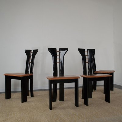 French Black Lacquered Wood Chairs with Cognac Leather Seat by Pierre Cardin, 1970s, Set of 4-JQO-1293223