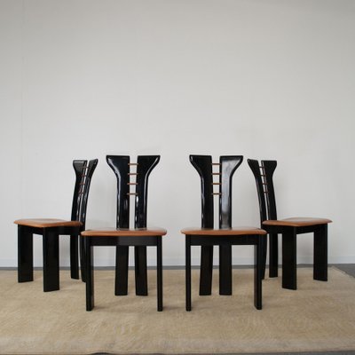 French Black Lacquered Wood Chairs with Cognac Leather Seat by Pierre Cardin, 1970s, Set of 4-JQO-1293223