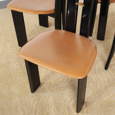 French Black Lacquered Wood Chairs with Cognac Leather Seat by Pierre Cardin, 1970s, Set of 4-JQO-1293223