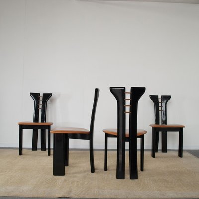 French Black Lacquered Wood Chairs with Cognac Leather Seat by Pierre Cardin, 1970s, Set of 4-JQO-1293223