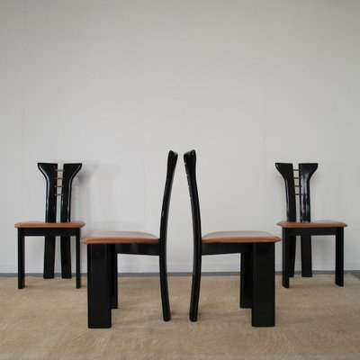 French Black Lacquered Wood Chairs with Cognac Leather Seat by Pierre Cardin, 1970s, Set of 4-JQO-1293223