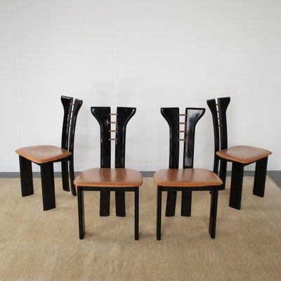 French Black Lacquered Wood Chairs with Cognac Leather Seat by Pierre Cardin, 1970s, Set of 4-JQO-1293223