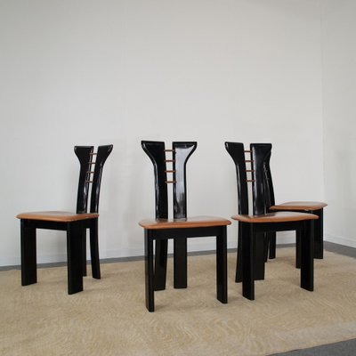 French Black Lacquered Wood Chairs with Cognac Leather Seat by Pierre Cardin, 1970s, Set of 4-JQO-1293223