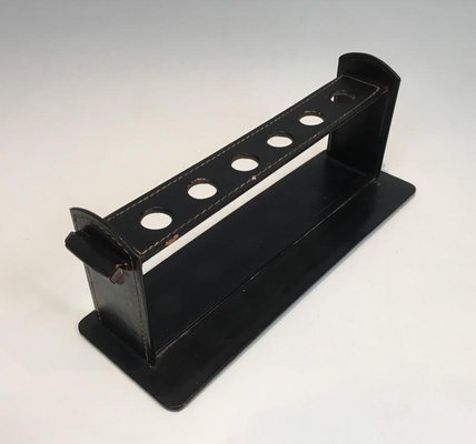 French Black Leather Pipes Holder by Jacques Adnet, 1950s-BA-658479