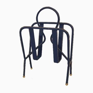 French Blue Leather Stitched Magazine Rack by Jacques Adnet, 1950s-ZO-560459