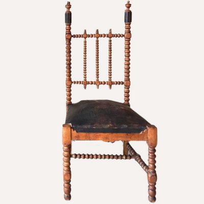 French Bobbin Wood Turned Barley Twist and Leather Chair, 1850s-BHG-1284362