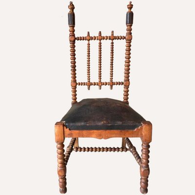 French Bobbin Wood Turned Barley Twist and Leather Chair, 1850s-BHG-1284362