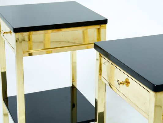 French Brass and Black Lacquer 2-Tier Nightstands 1960s, Set of 2-YJA-1107700