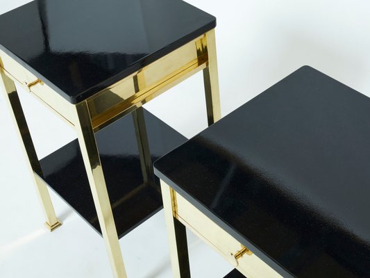 French Brass and Black Lacquer 2-Tier Nightstands 1960s, Set of 2-YJA-1107700