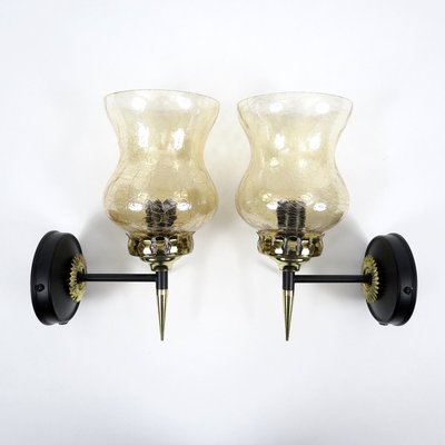 French Brass and Crackle Glass Sconces, 1950s, Set of 2-BH-671835