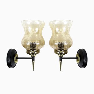 French Brass and Crackle Glass Sconces, 1950s, Set of 2-BH-671835