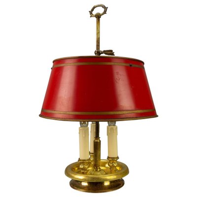 French Brass and Red Tole Shade Three-Light Bouillotte Desk Lamp, 1950s-KEG-1671413