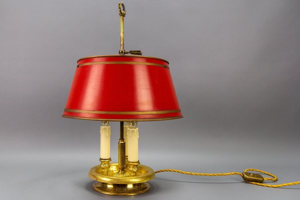 French Brass and Red Tole Shade Three-Light Bouillotte Desk Lamp, 1950s-KEG-1671413