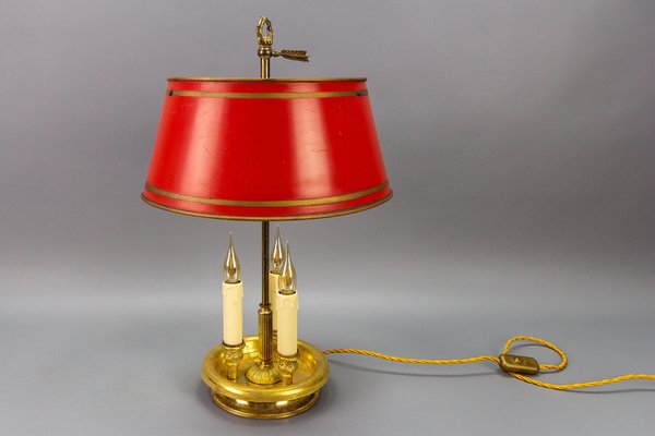 French Brass and Red Tole Shade Three-Light Bouillotte Desk Lamp, 1950s-KEG-1671413