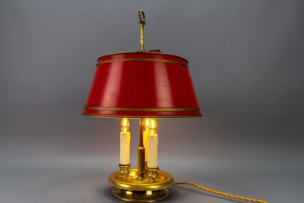 French Brass and Red Tole Shade Three-Light Bouillotte Desk Lamp, 1950s-KEG-1671413