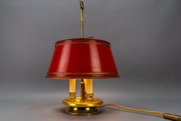 French Brass and Red Tole Shade Three-Light Bouillotte Desk Lamp, 1950s-KEG-1671413