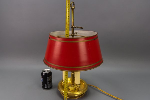 French Brass and Red Tole Shade Three-Light Bouillotte Desk Lamp, 1950s-KEG-1671413