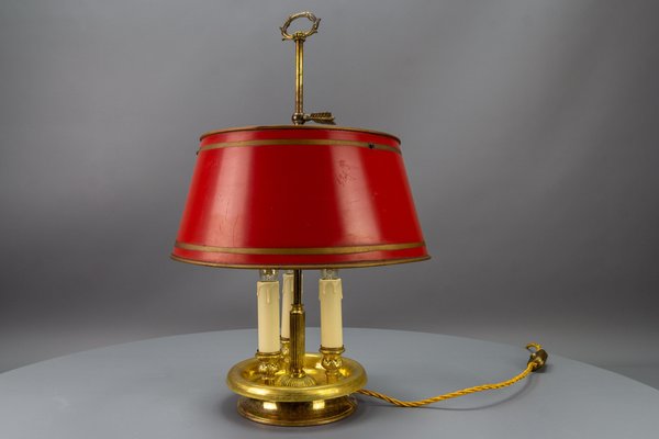 French Brass and Red Tole Shade Three-Light Bouillotte Desk Lamp, 1950s-KEG-1671413