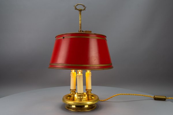 French Brass and Red Tole Shade Three-Light Bouillotte Desk Lamp, 1950s-KEG-1671413