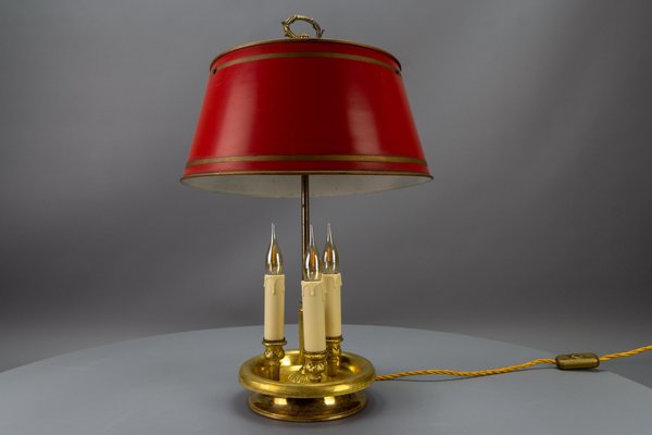 French Brass and Red Tole Shade Three-Light Bouillotte Desk Lamp, 1950s-KEG-1671413