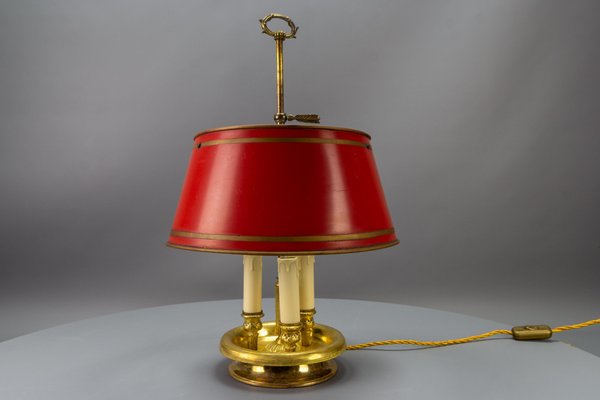 French Brass and Red Tole Shade Three-Light Bouillotte Desk Lamp, 1950s-KEG-1671413