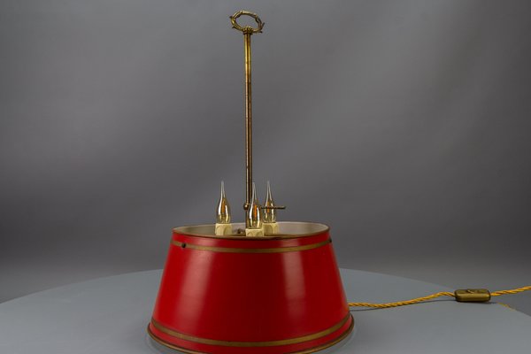 French Brass and Red Tole Shade Three-Light Bouillotte Desk Lamp, 1950s-KEG-1671413