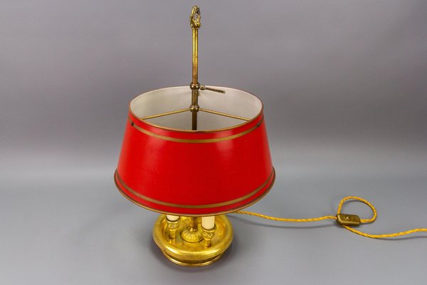 French Brass and Red Tole Shade Three-Light Bouillotte Desk Lamp, 1950s-KEG-1671413