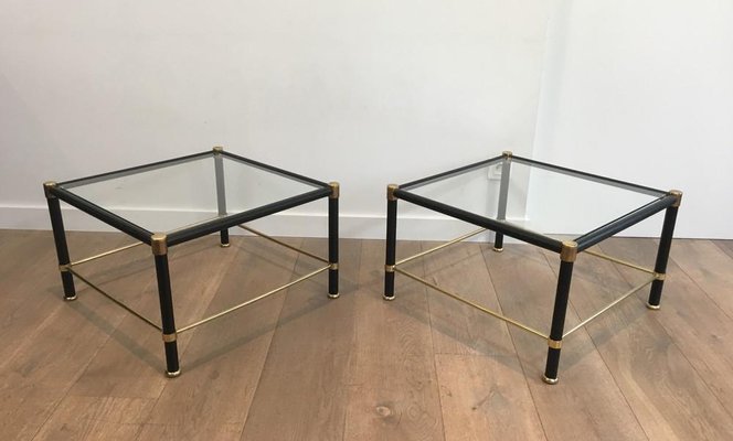 French Brass & Black Lacquered Square Side Tables in the Style of Jacques Adnet, 1970s, Set of 2-BA-658666