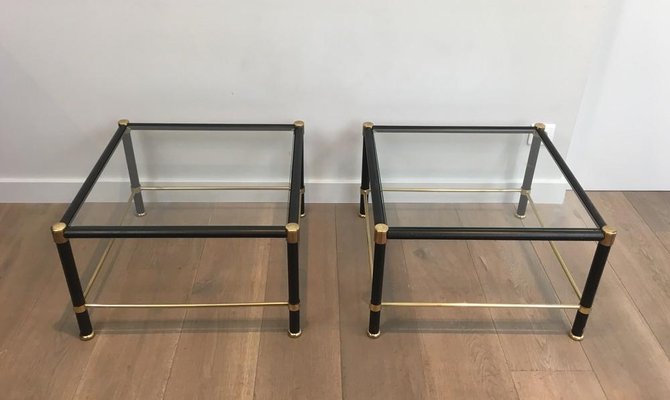 French Brass & Black Lacquered Square Side Tables in the Style of Jacques Adnet, 1970s, Set of 2-BA-658666