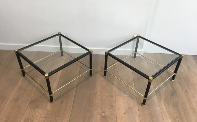 French Brass & Black Lacquered Square Side Tables in the Style of Jacques Adnet, 1970s, Set of 2-BA-658666