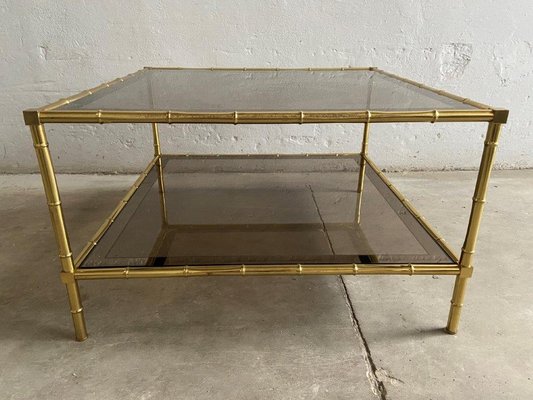 French Brass, Faux Bamboo & Smoked Glass Coffee Table, 1960s-DHH-585020