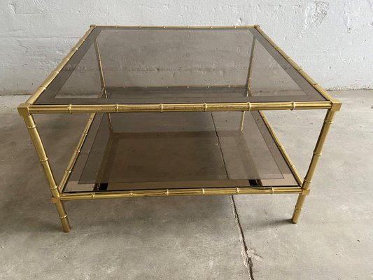 French Brass, Faux Bamboo & Smoked Glass Coffee Table, 1960s-DHH-585020