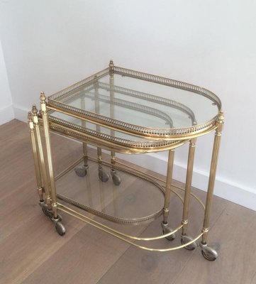 French Brass Nesting Drinks Trolleys with Removable Trays by Maison Bagués, 1940s, Set of 3-BA-714903