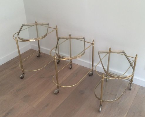 French Brass Nesting Drinks Trolleys with Removable Trays by Maison Bagués, 1940s, Set of 3-BA-714903