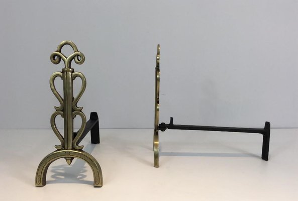 French Bronze and Iron Andirons in Style of Raymond Subes, 1940s, Set of 2-BA-658441