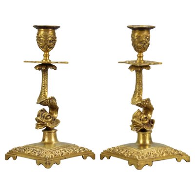 French Bronze Candlesticks with Dolphin Figures, Set of 2-KEG-1321667