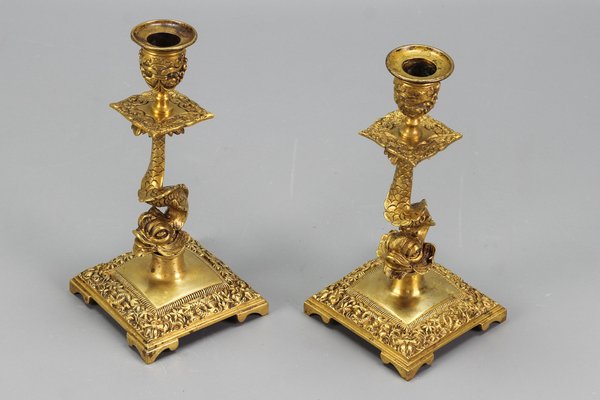 French Bronze Candlesticks with Dolphin Figures, Set of 2-KEG-1321667