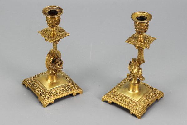 French Bronze Candlesticks with Dolphin Figures, Set of 2-KEG-1321667