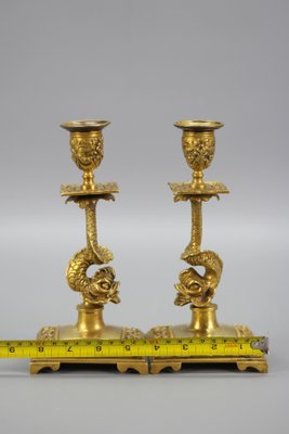 French Bronze Candlesticks with Dolphin Figures, Set of 2-KEG-1321667