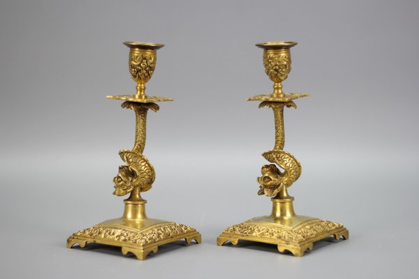 French Bronze Candlesticks with Dolphin Figures, Set of 2-KEG-1321667