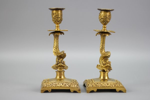 French Bronze Candlesticks with Dolphin Figures, Set of 2-KEG-1321667